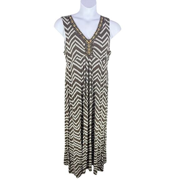 VTG Chicos Y2k size 2 Large brown white beaded maxi dress resort beach retro USA - Picture 1 of 8